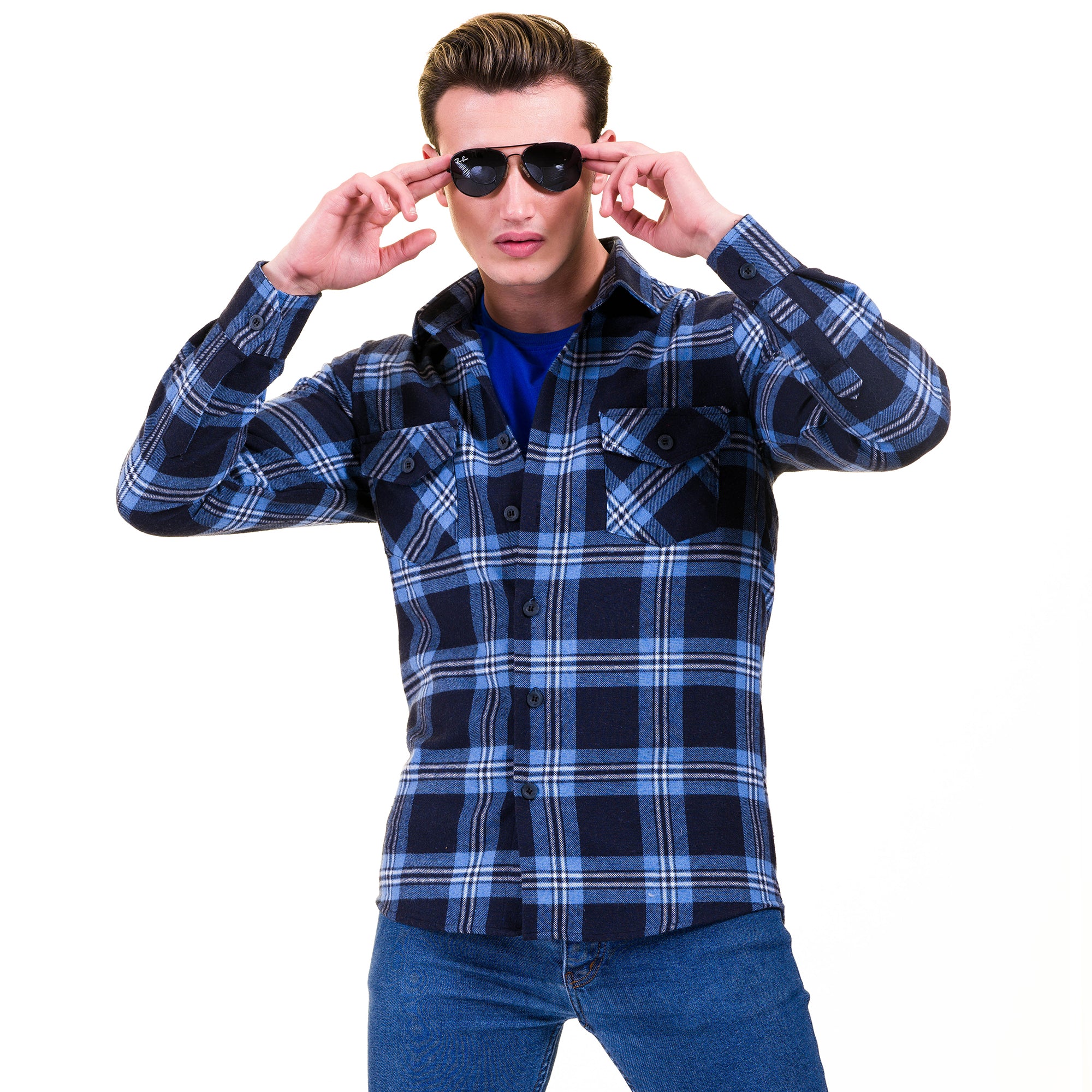 Blue Black Check Mens Slim Fit Designer French Cuff Shirt - tailored Cotton Shirts for Work and Casual Wear