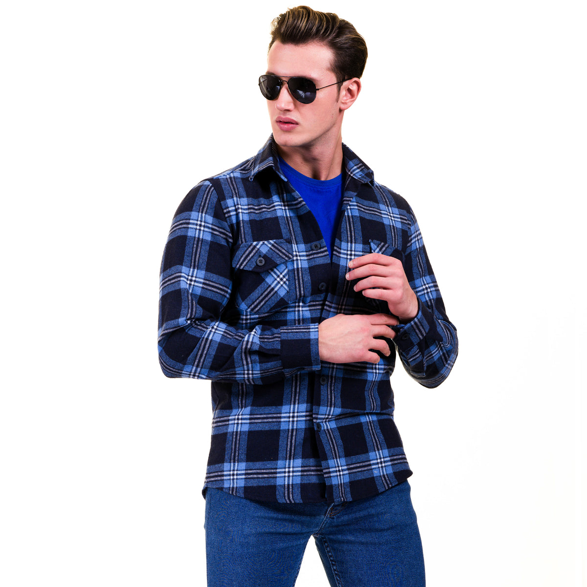 Blue Black Check Mens Slim Fit Designer French Cuff Shirt - tailored Cotton Shirts for Work and Casual Wear