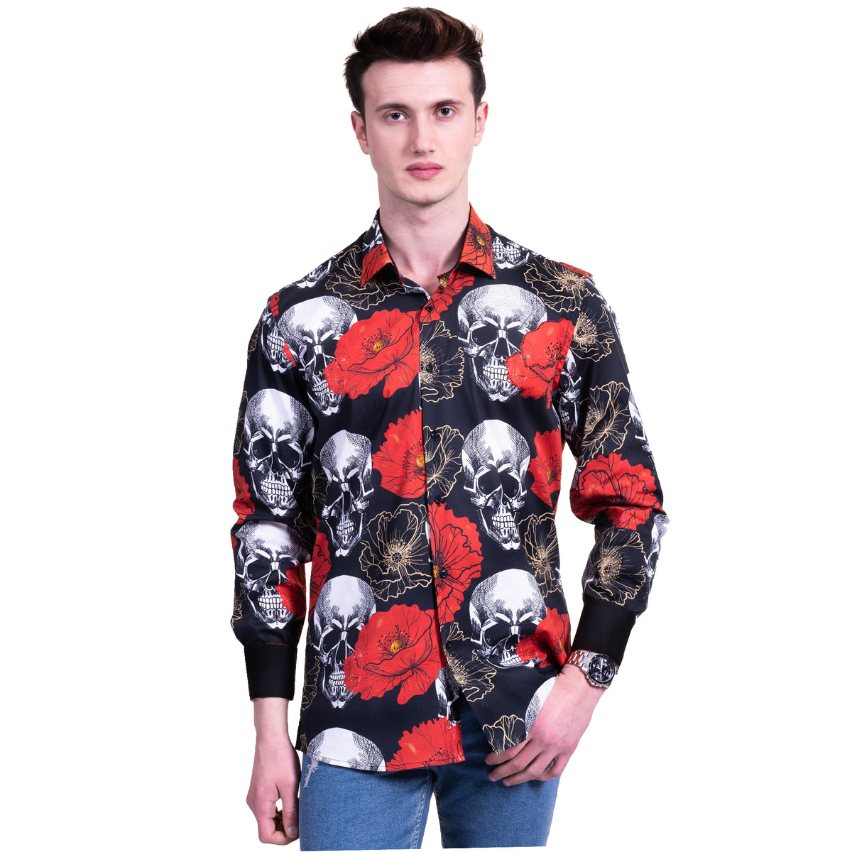 Black, Red and White Skulls Mens Slim Fit Designer French Cuff Shirt - tailored Cotton Shirts for Work and Casual Wear