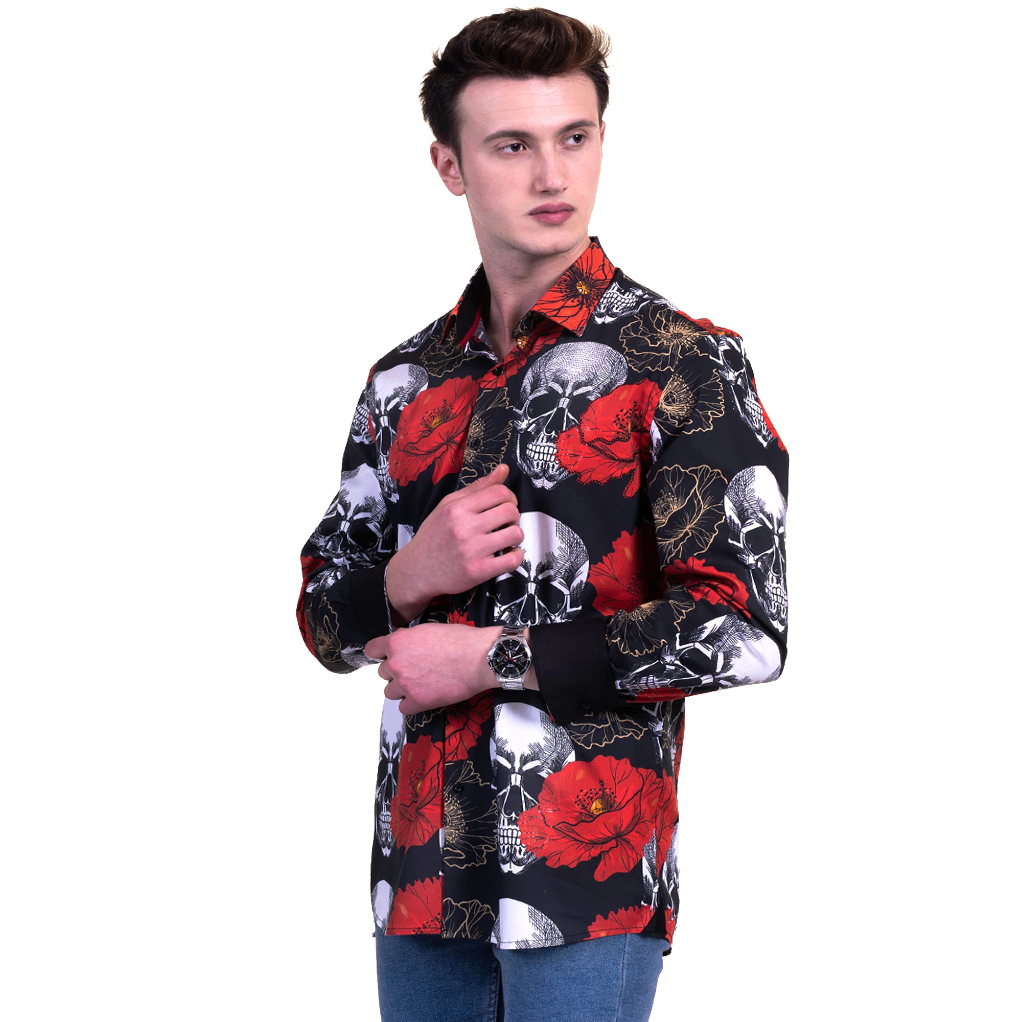 Black, Red and White Skulls Mens Slim Fit Designer French Cuff Shirt - tailored Cotton Shirts for Work and Casual Wear