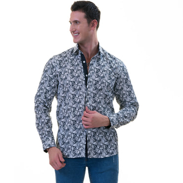 Black White Leaves Men's Slim Fit Designer French Cuff Shirt - Tailored Cotton Shirts for Work and Casual Wear