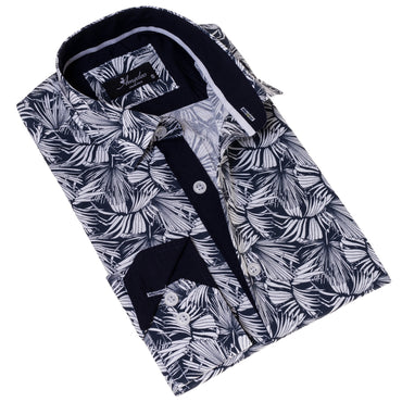 Black White Leaves Men's Slim Fit Designer French Cuff Shirt - Tailored Cotton Shirts for Work and Casual Wear