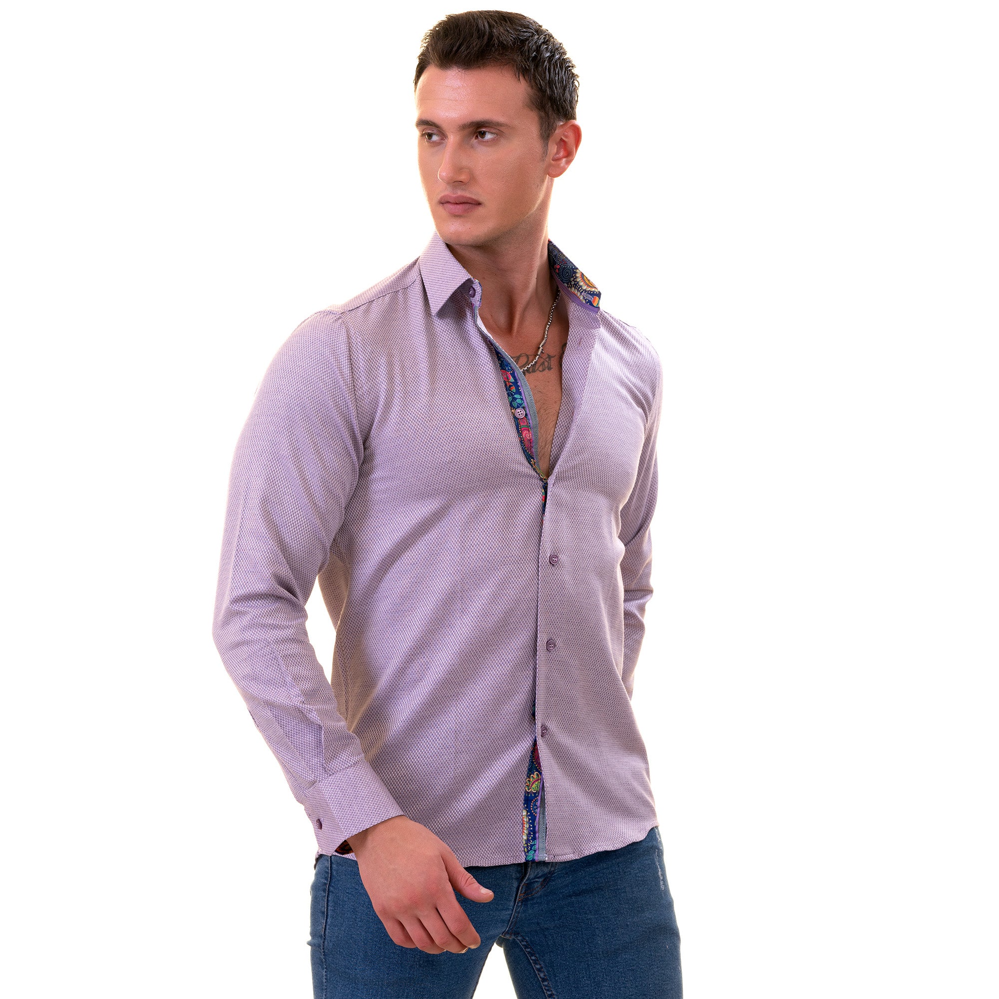 Purple Jackquard Men's  Slim Fit Designer Dress Shirt - Tailored Cotton Shirts for Work and Casual Wear