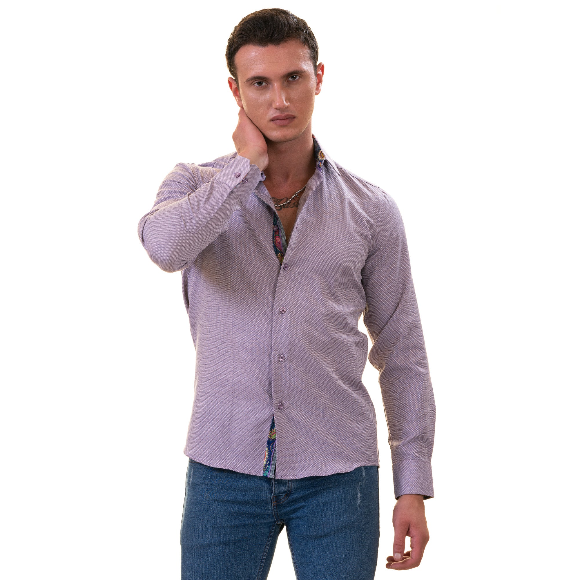 Purple Jackquard Men's  Slim Fit Designer Dress Shirt - Tailored Cotton Shirts for Work and Casual Wear