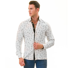 White Floral Men's  Slim Fit Designer Dress Shirt - Tailored Cotton Shirts for Work and Casual Wear