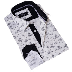 White Floral Men's  Slim Fit Designer Dress Shirt - Tailored Cotton Shirts for Work and Casual Wear