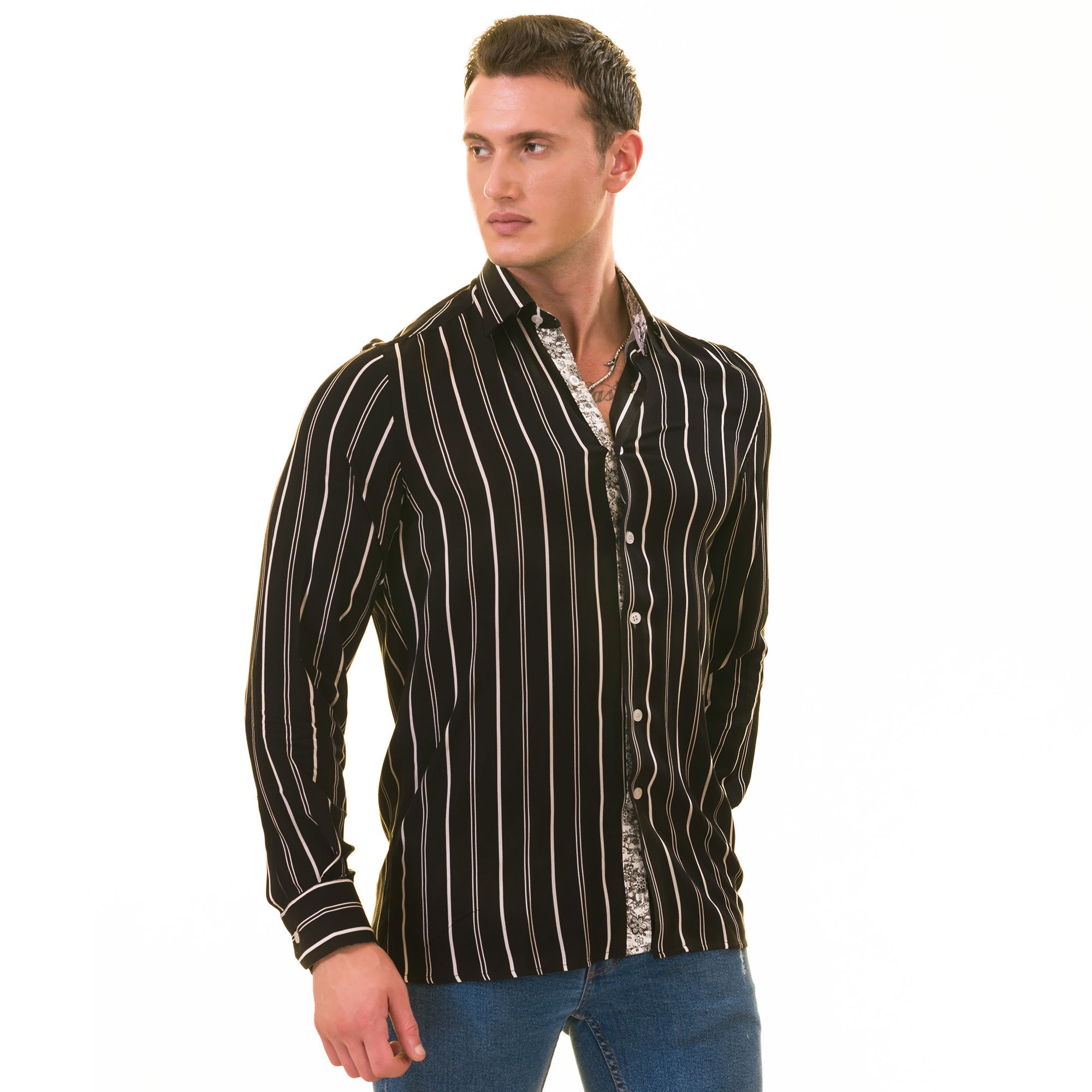 Black Striped Men's  Slim Fit Designer French Cuff Shirt - Tailored Cotton Shirts for Work and Casual Wear