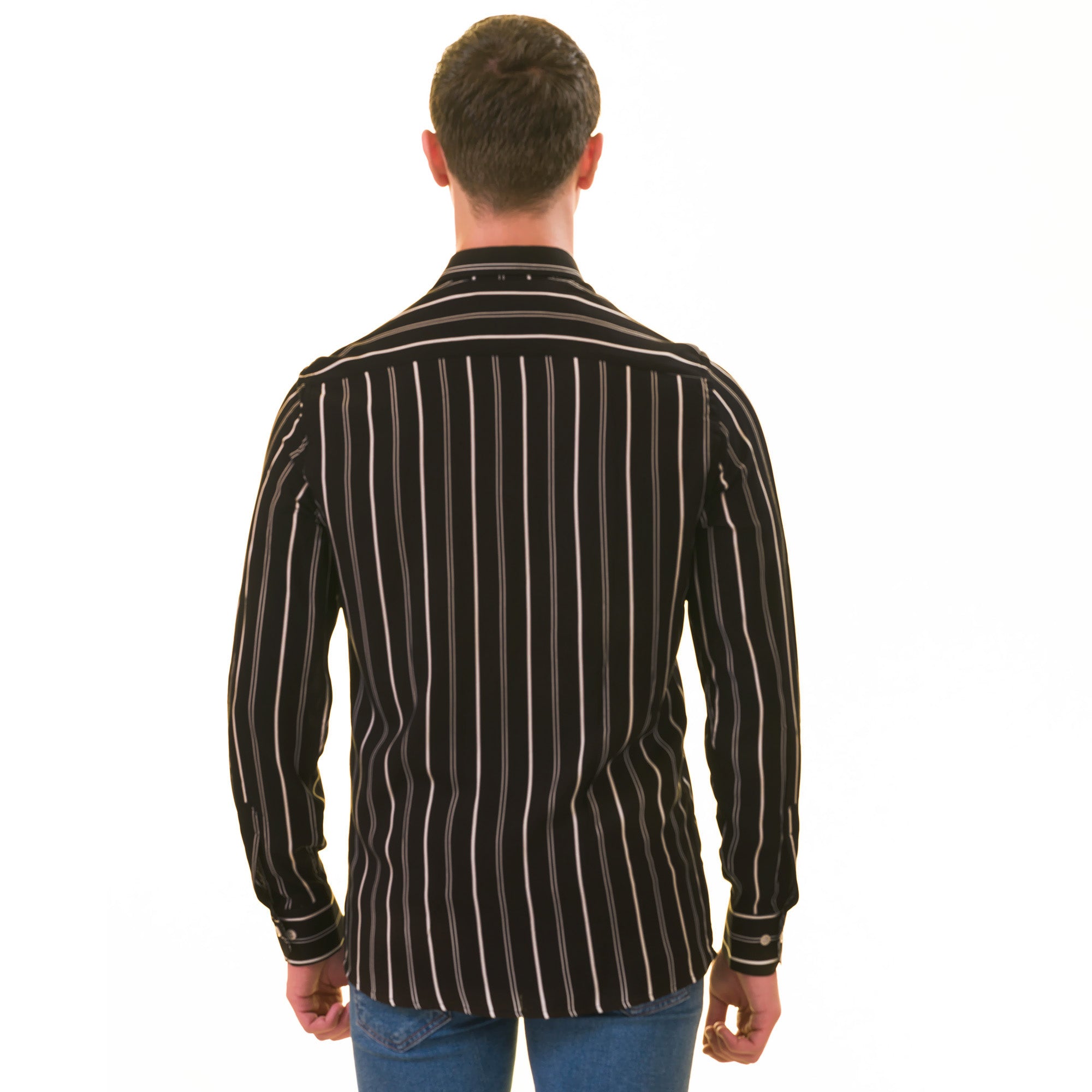 Black Striped Men's  Slim Fit Designer French Cuff Shirt - Tailored Cotton Shirts for Work and Casual Wear