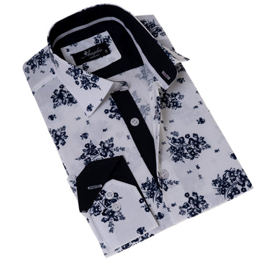 White Navy Floral Digital Men's  Slim Fit Designer Dress Shirt - Tailored Cotton Shirts for Work and Casual Wear