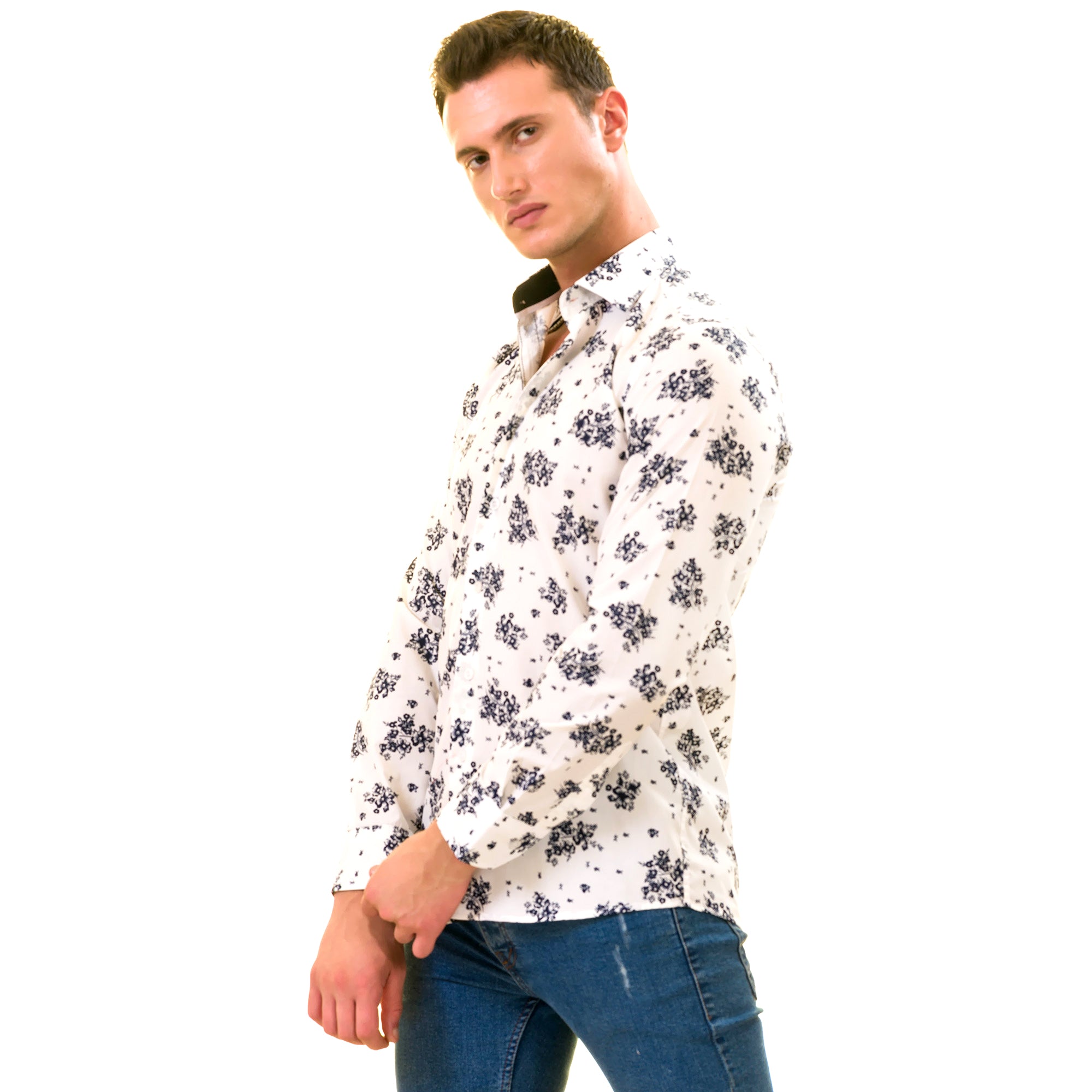White Navy Floral Digital Men's  Slim Fit Designer Dress Shirt - Tailored Cotton Shirts for Work and Casual Wear