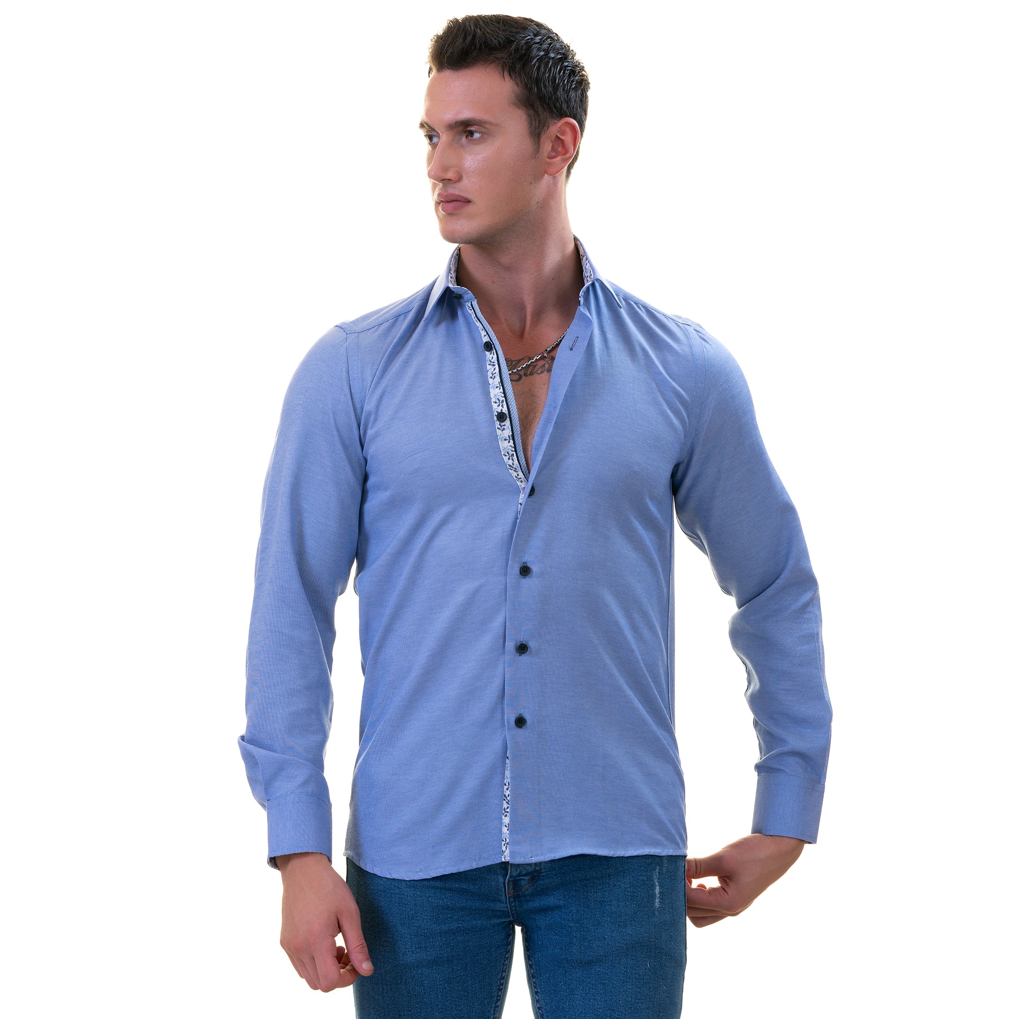 Blue inside Floral Men's  Slim Fit Designer  French Cuff Shirt - Tailored Cotton Shirts for Work and Casual Wear