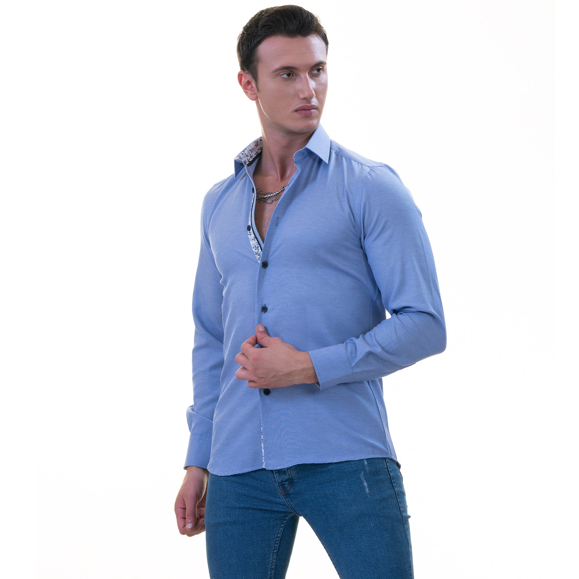 Blue inside Floral Men's  Slim Fit Designer  French Cuff Shirt - Tailored Cotton Shirts for Work and Casual Wear