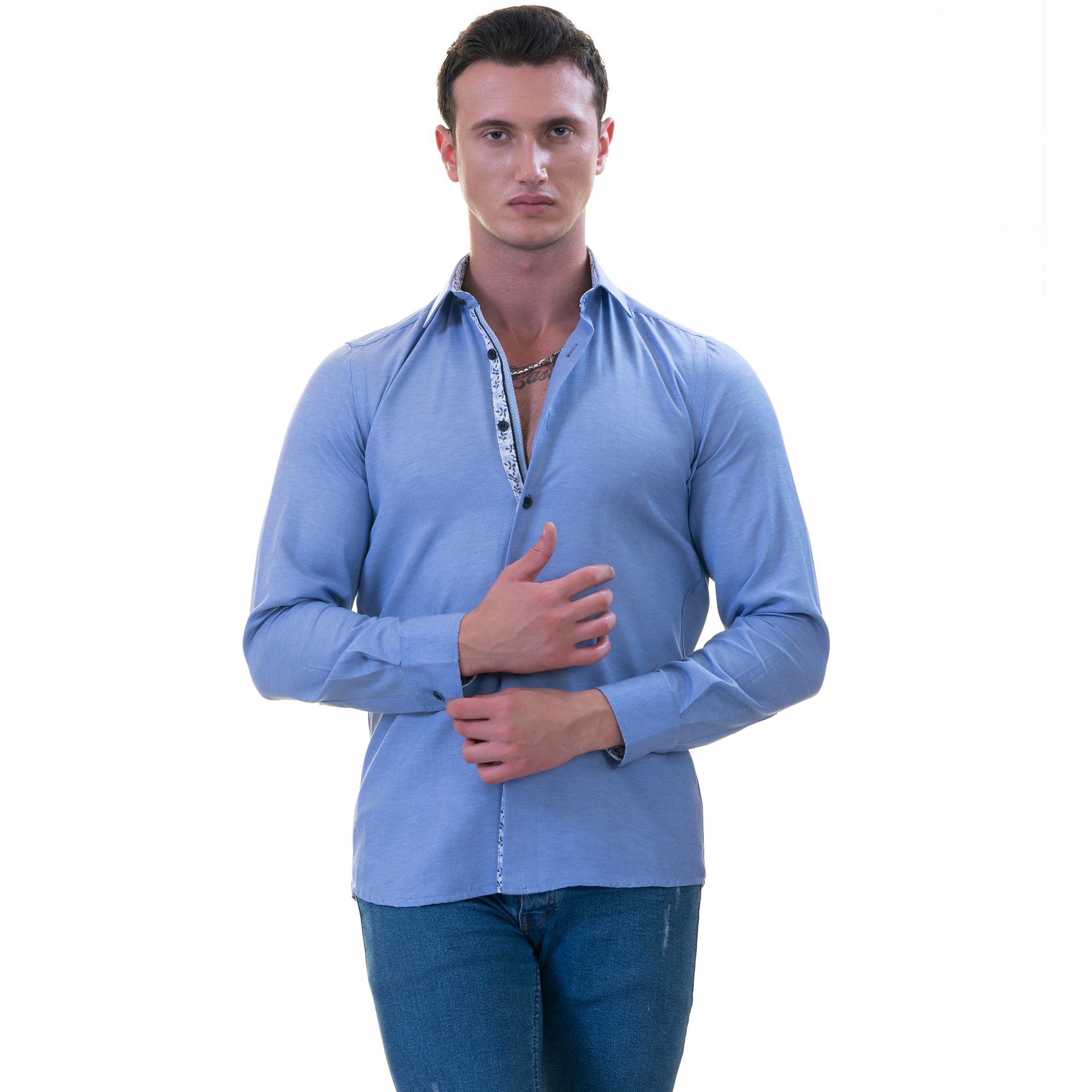 Blue inside Floral Men's  Slim Fit Designer  French Cuff Shirt - Tailored Cotton Shirts for Work and Casual Wear