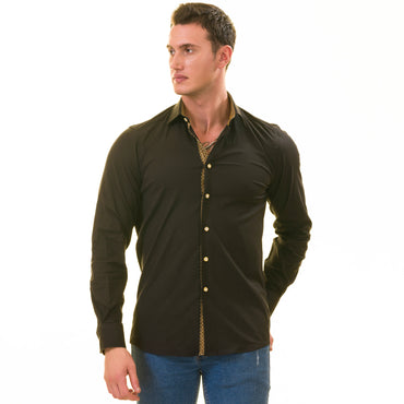 Black with inside Gold Men's Slim Fit Designer French Cuff Shirt - Tailored Cotton Shirts for Work and Casual Wear