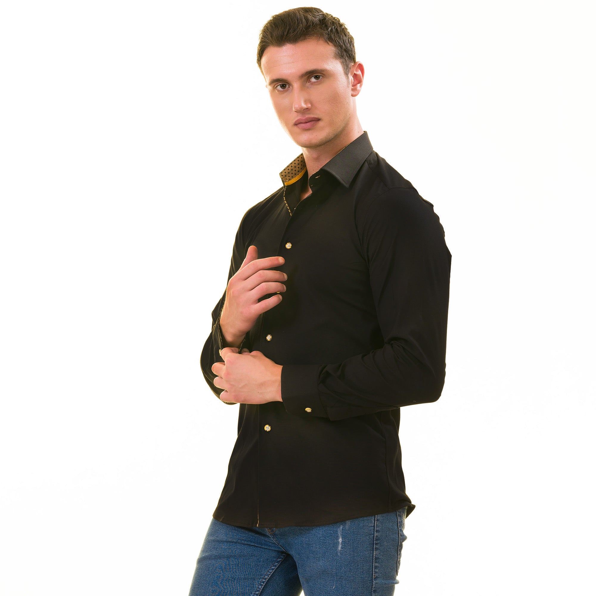 Black with inside Gold Men's Slim Fit Designer Shirt - Tailored Cotton Shirts for Work and Casual Wear