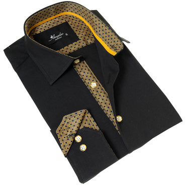 Black with inside Gold Men's Slim Fit Designer French Cuff Shirt - Tailored Cotton Shirts for Work and Casual Wear