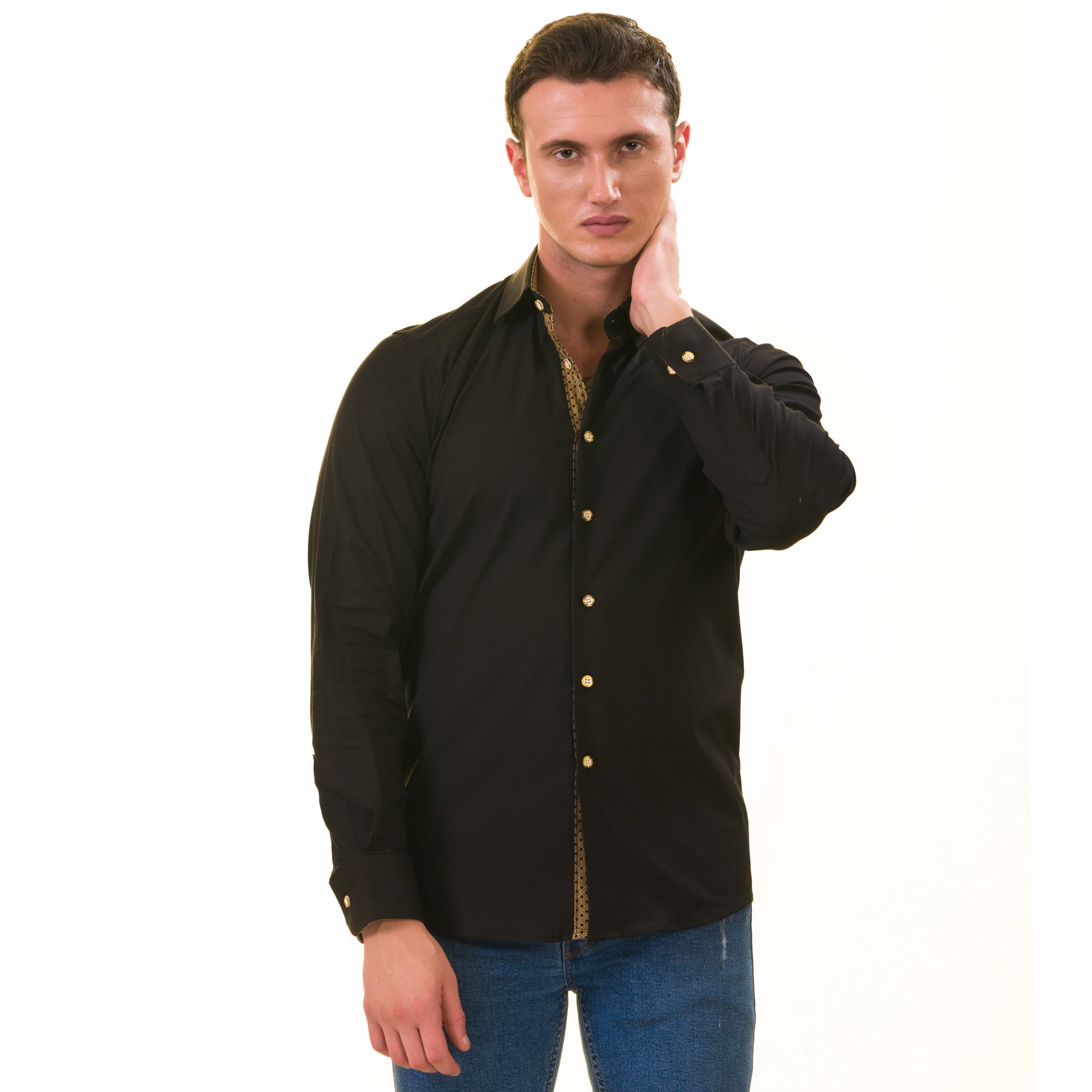 Black with inside Gold Men's Slim Fit Designer Shirt - Tailored Cotton Shirts for Work and Casual Wear