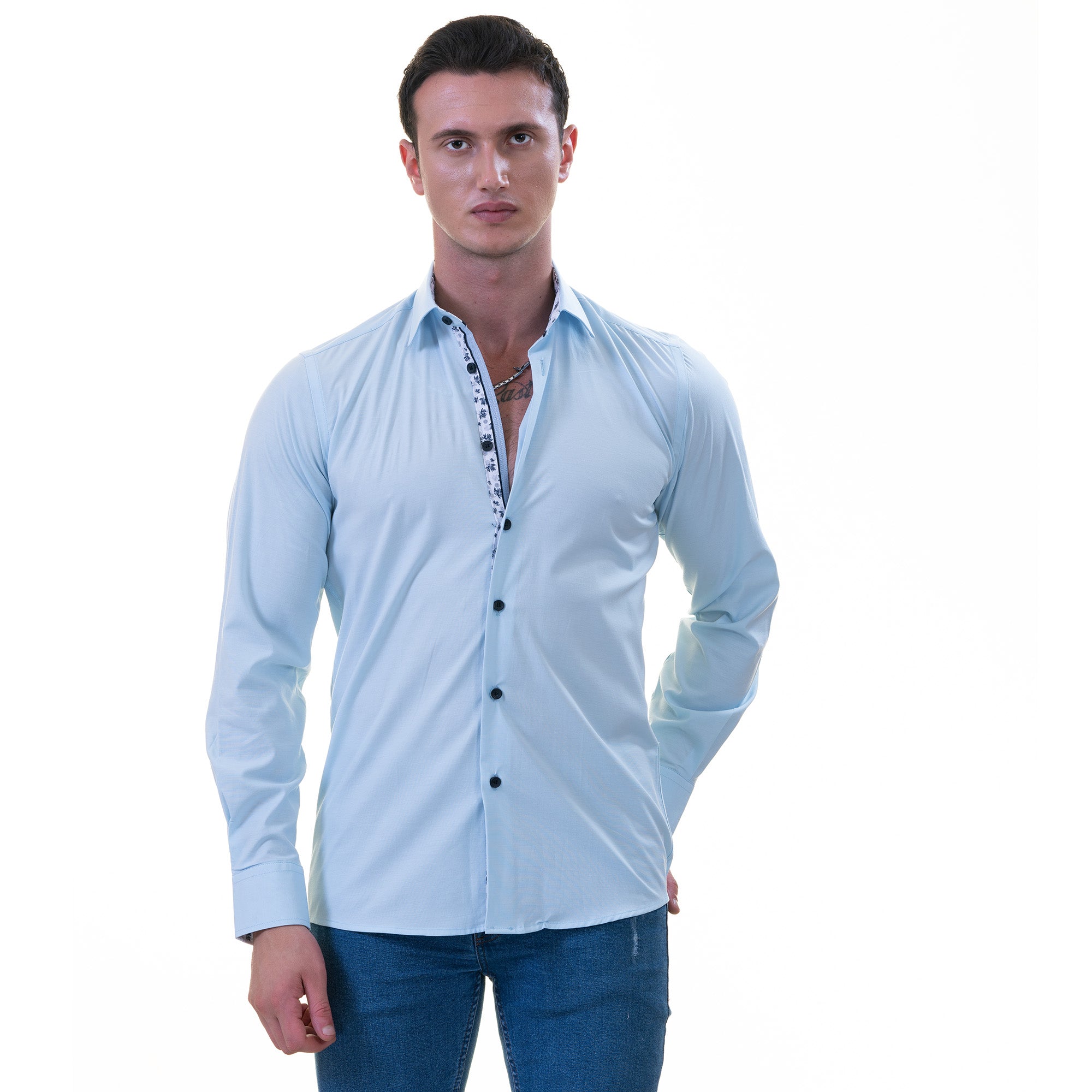 Blue inside Printed Men's Slim Fit Designer French Cuff Shirt - Tailored Cotton Shirts for Work and Casual Wear