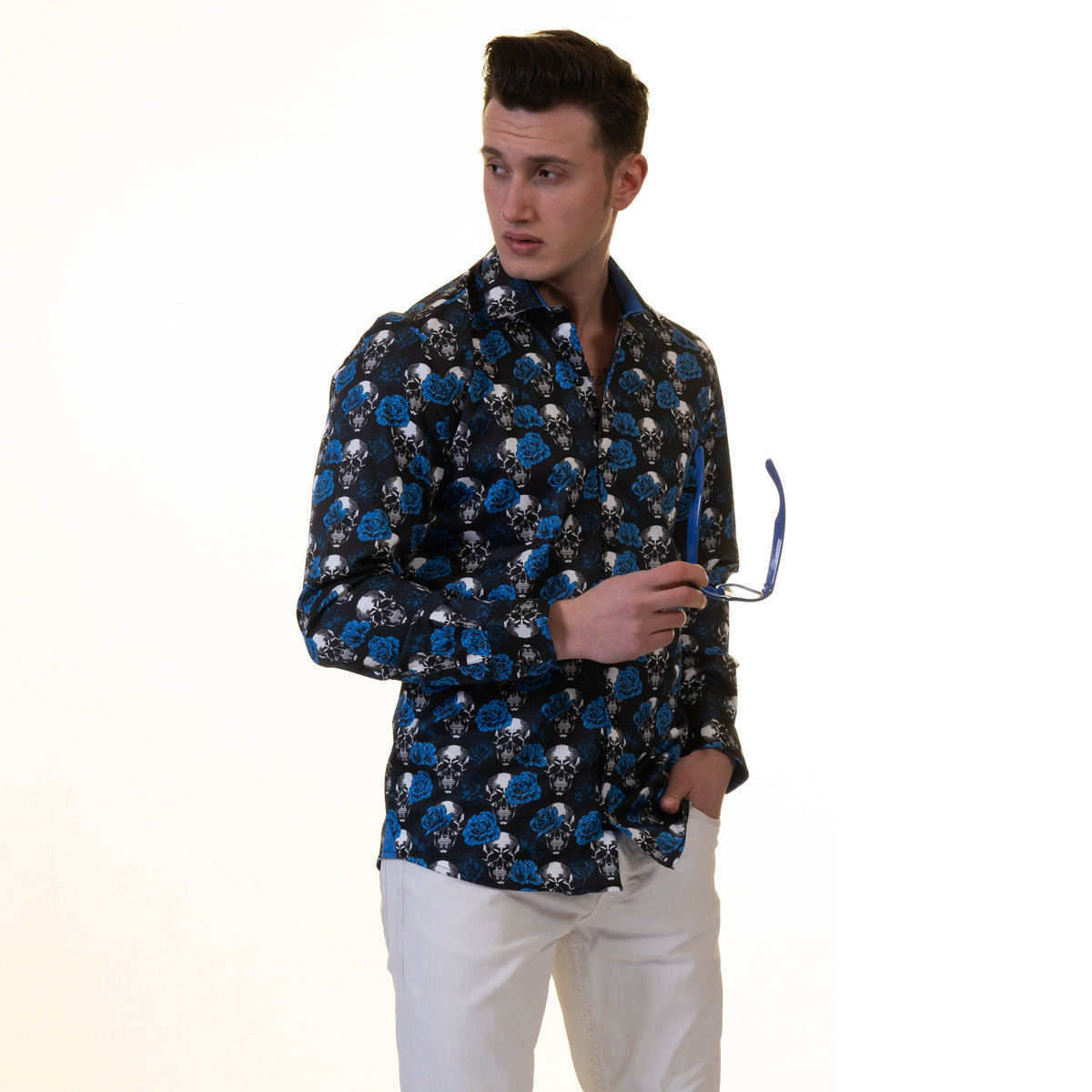 Black White Blue Skulls Mens Slim Fit Designer French Cuff Shirt - tailored Cotton Shirts for Work and Casual Wear