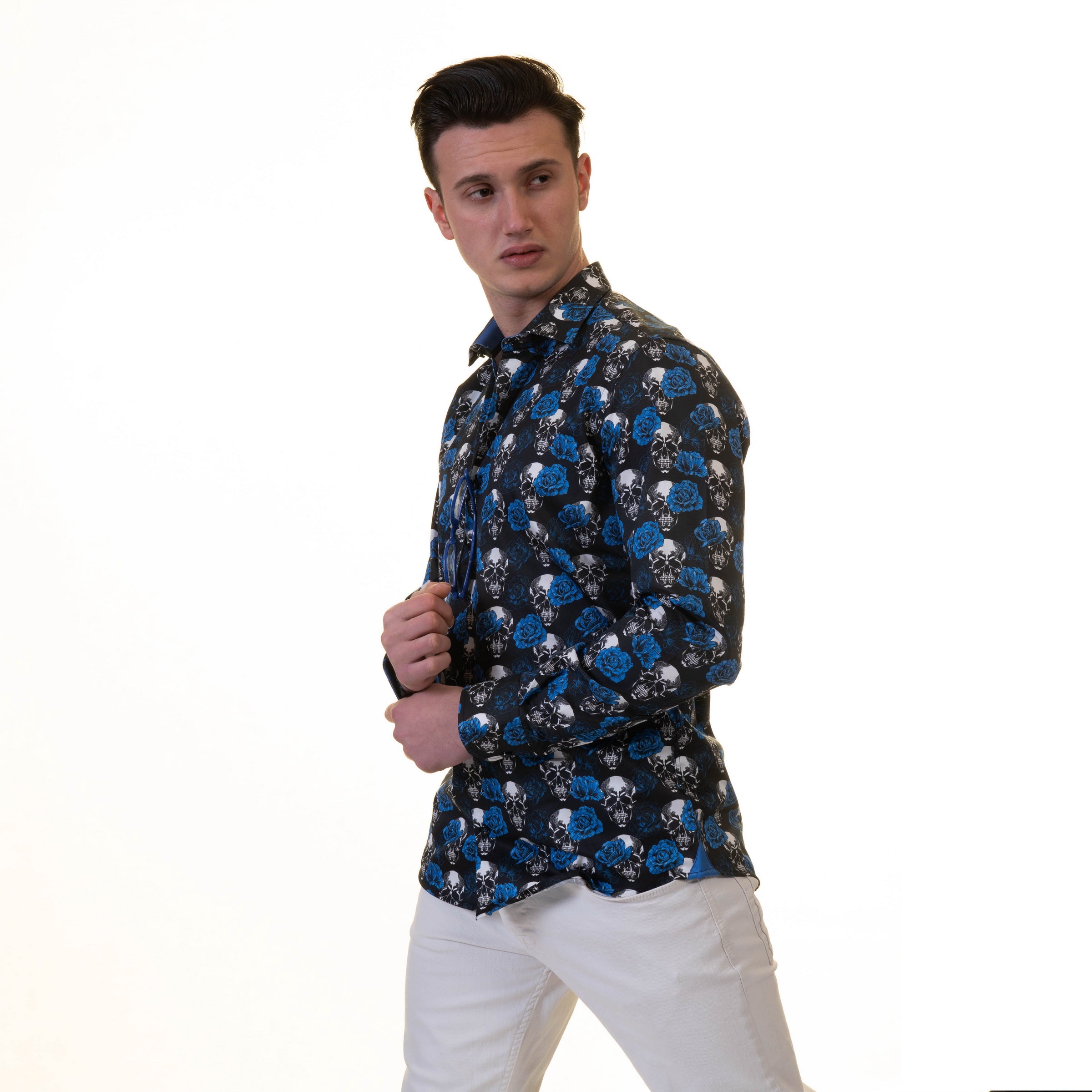 Black White Blue Skulls Mens Slim Fit Designer French Cuff Shirt - tailored Cotton Shirts for Work and Casual Wear