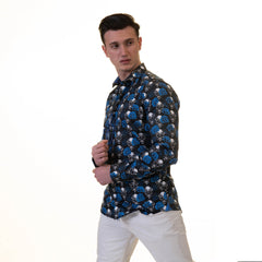 Black White Blue Skulls Mens Slim Fit Designer French Cuff Shirt - tailored Cotton Shirts for Work and Casual Wear