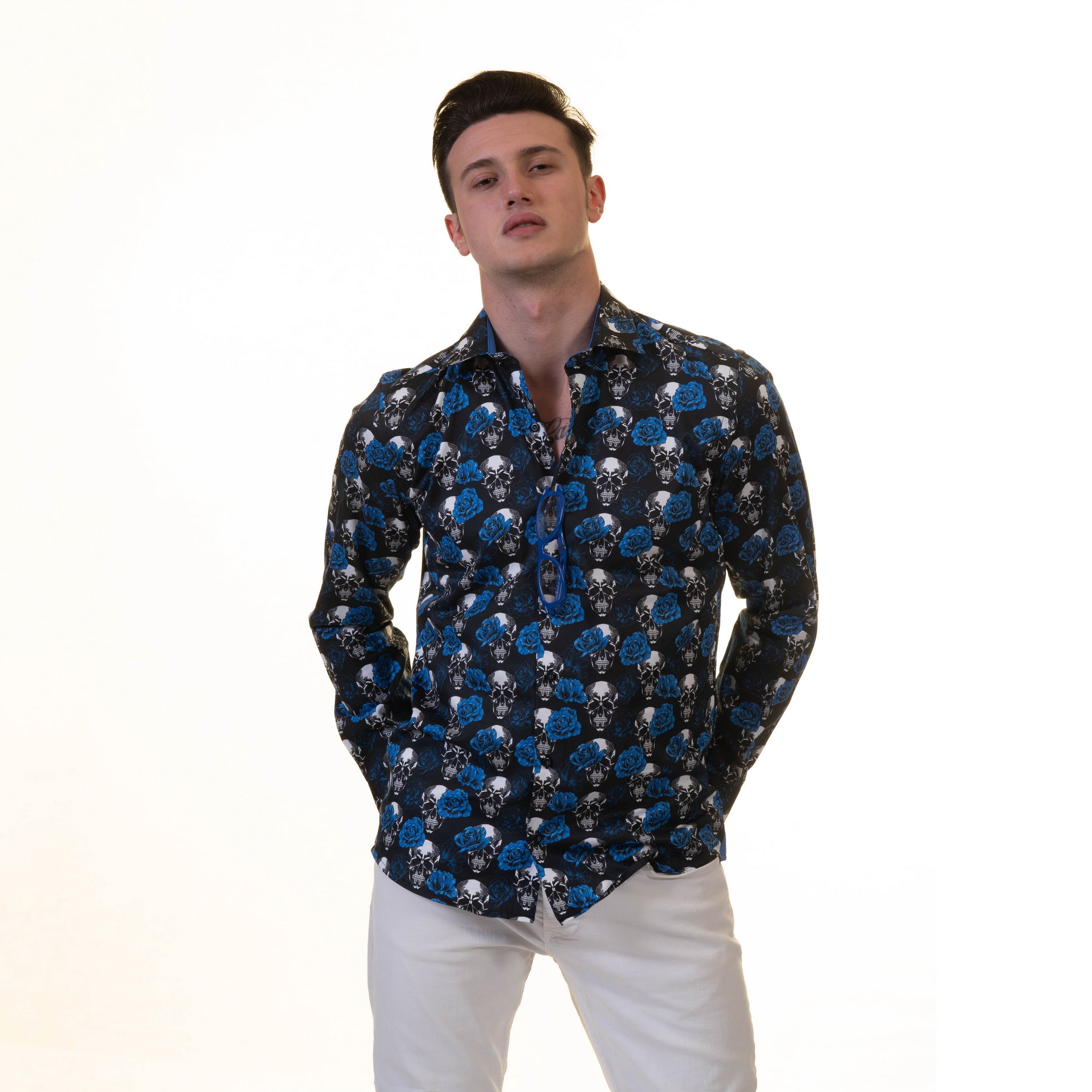 Black White Blue Skulls Mens Slim Fit Designer French Cuff Shirt - tailored Cotton Shirts for Work and Casual Wear