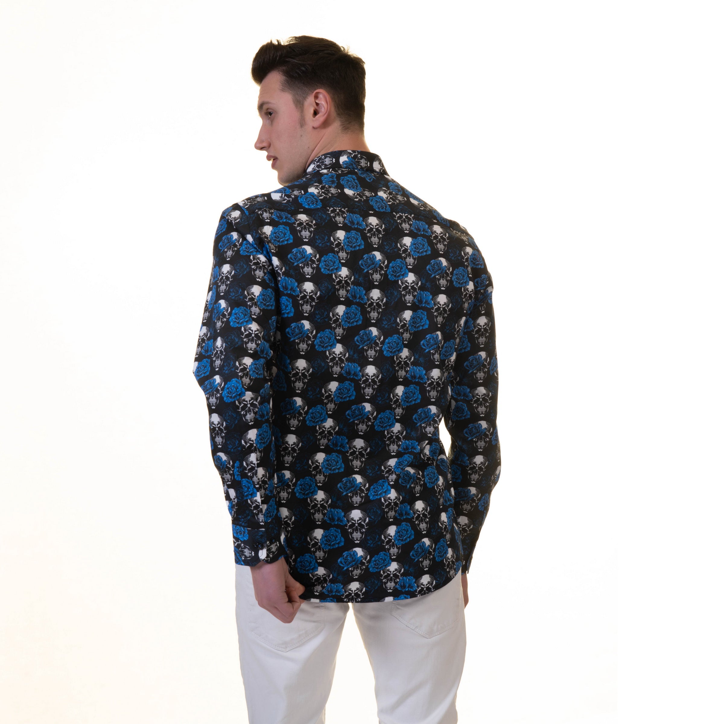 Black White Blue Skulls Mens Slim Fit Designer French Cuff Shirt - tailored Cotton Shirts for Work and Casual Wear