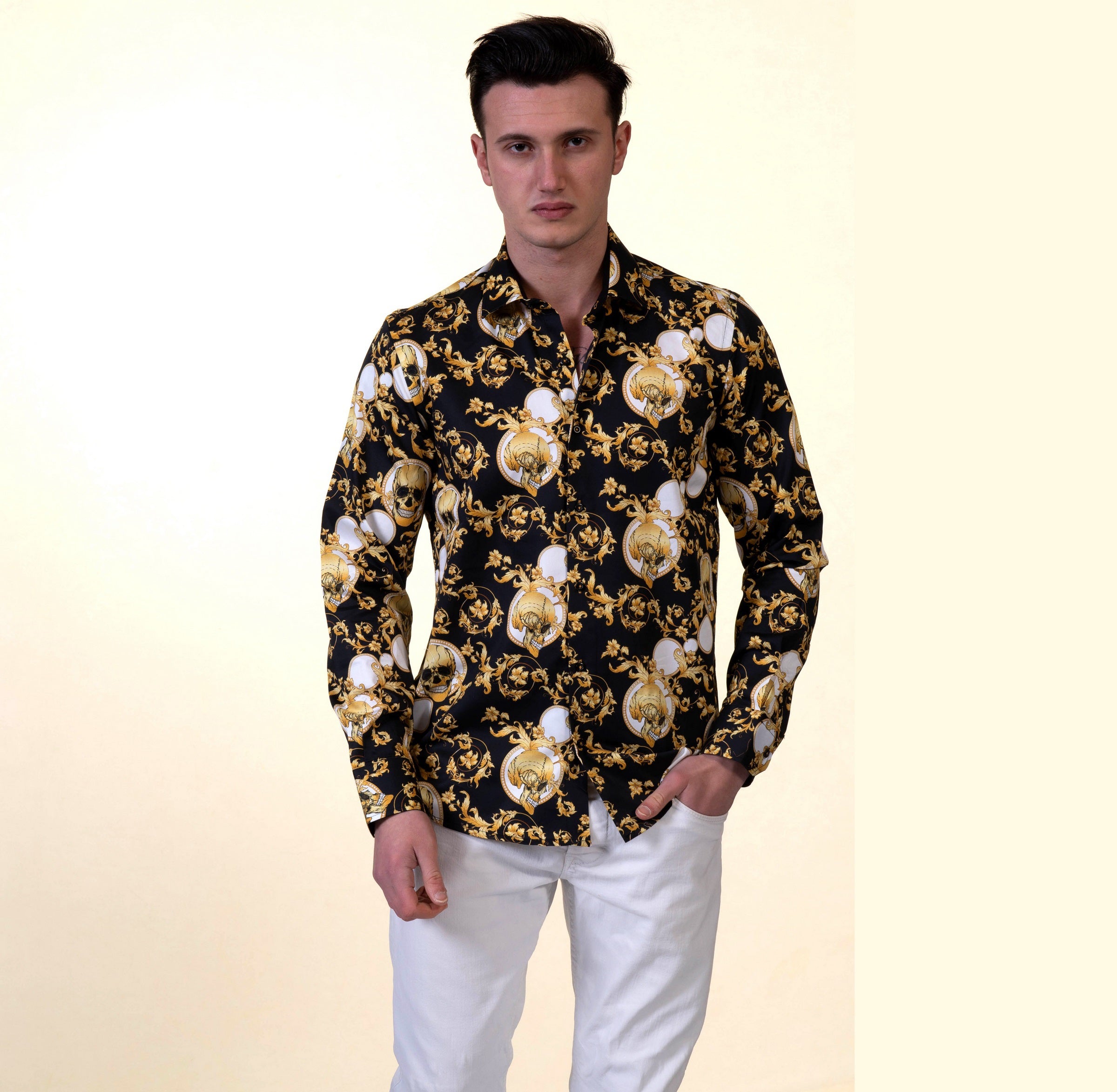 Black with Gold Skulls Mens Slim Fit Designer French Cuff Shirt - tailored Cotton Shirts for Work and Casual Wear