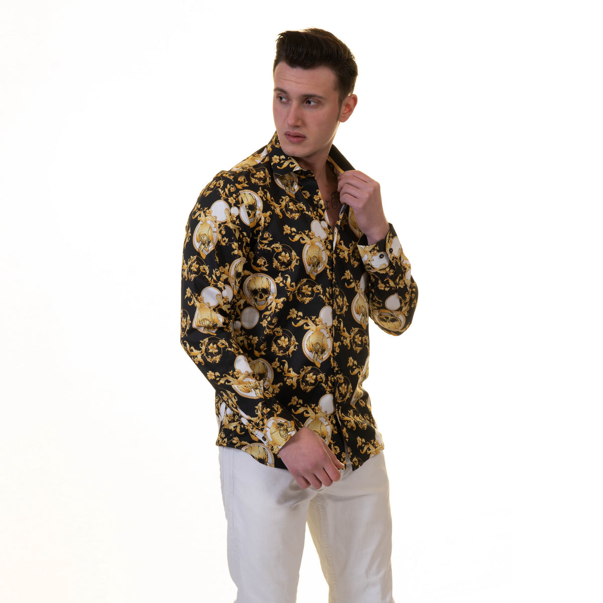 Black with Gold Skulls Mens Slim Fit Designer French Cuff Shirt - tailored Cotton Shirts for Work and Casual Wear