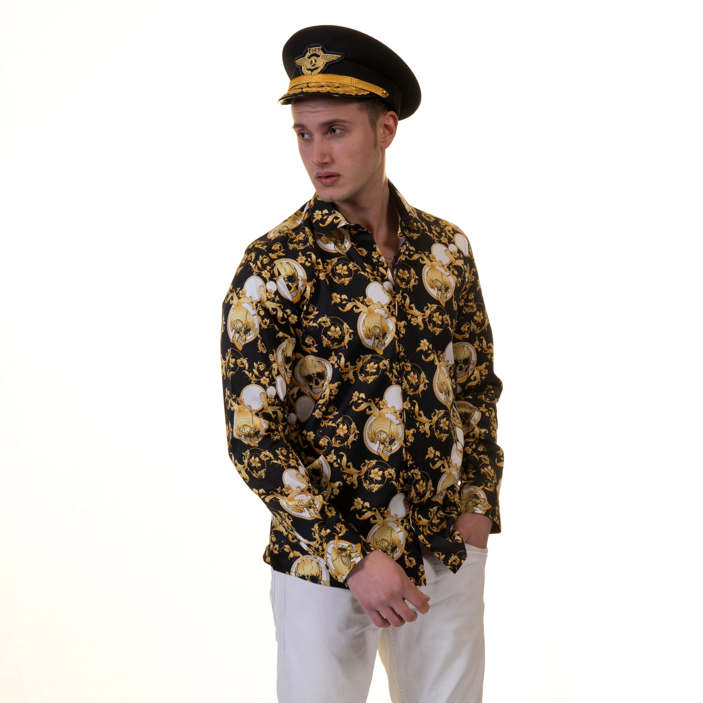 Black with Gold Skulls Mens Slim Fit Designer French Cuff Shirt - tailored Cotton Shirts for Work and Casual Wear