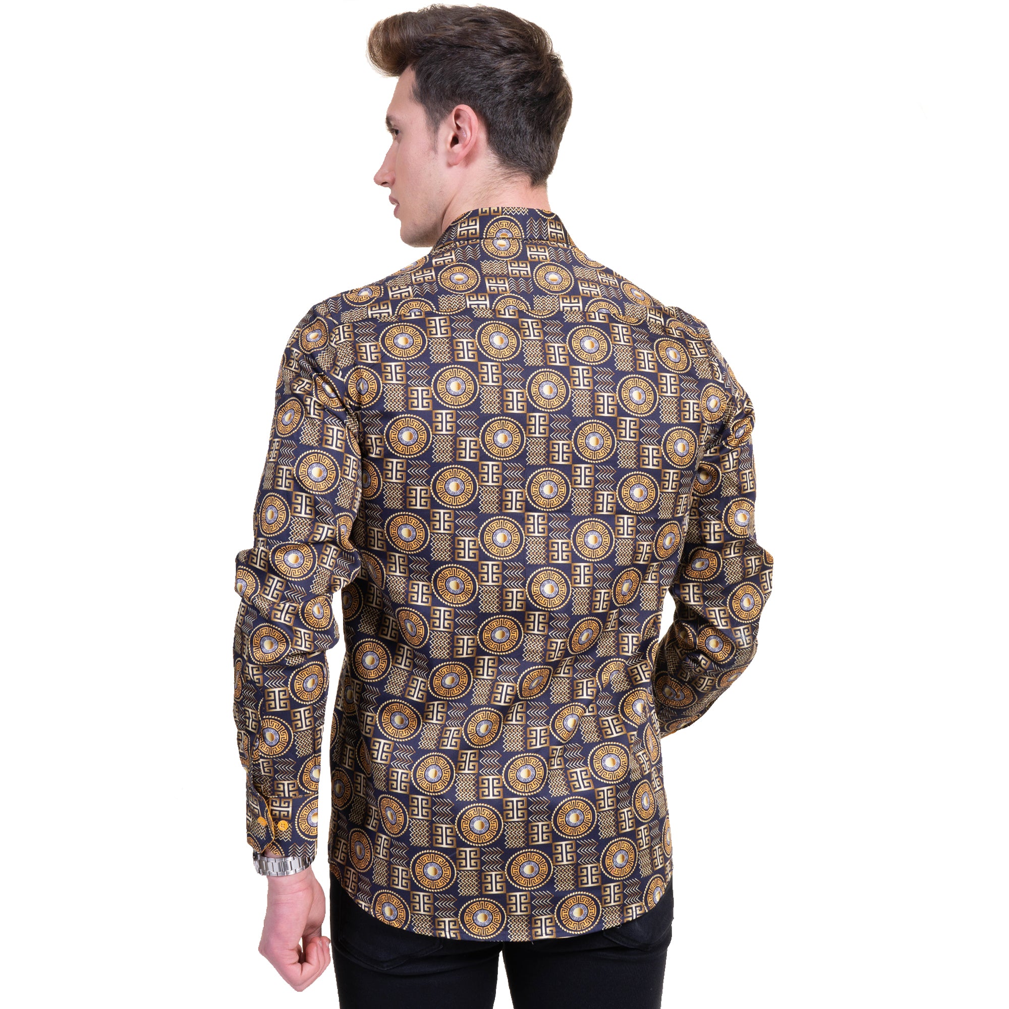 Black And Gold Greek Key Mens Slim Fit Designer Dress Shirt tailored Cotton Shirts for Work and Casual Wear