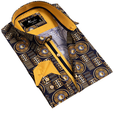 Black And Gold Greek Key Mens Slim Fit Designer Dress Shirt - tailored Cotton Shirts for Work and Casual Wear