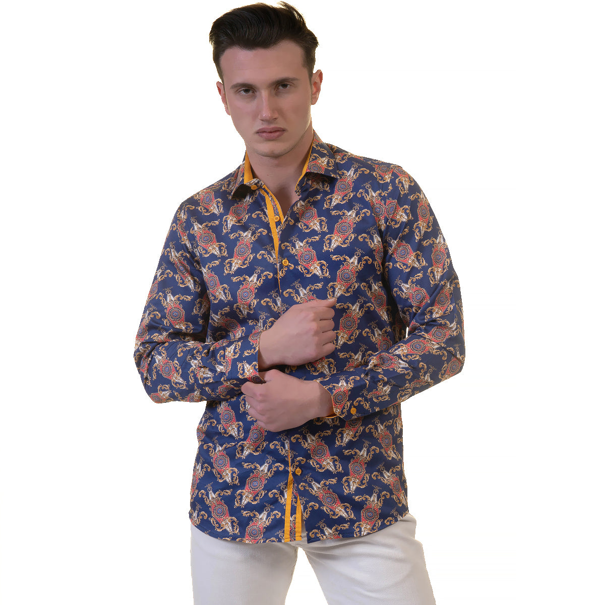 White Blue Tropical Mens Slim Fit Designer Dress Shirt - tailored Cotton Shirts for Work and Casual Wear