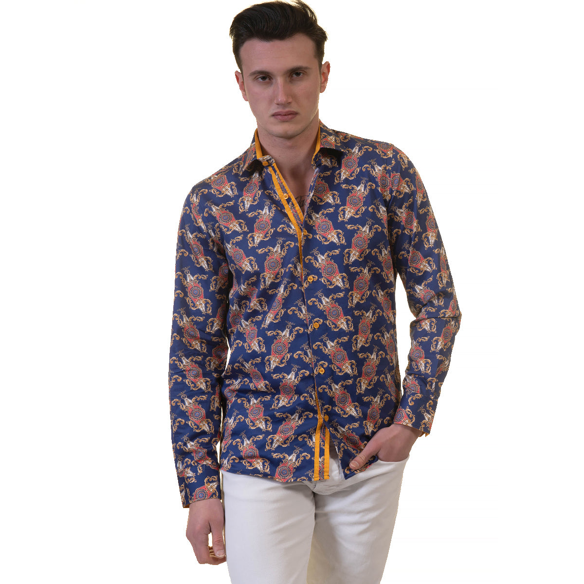 White Blue Tropical Mens Slim Fit Designer Dress Shirt - tailored Cotton Shirts for Work and Casual Wear