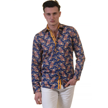 White Blue Tropical Mens Slim Fit Designer Dress Shirt - tailored Cotton Shirts for Work and Casual Wear