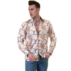 White And Gold Medusa Head Mens Slim Fit Designer Dress Shirt - tailored Cotton Shirts for Work and Casual Wear