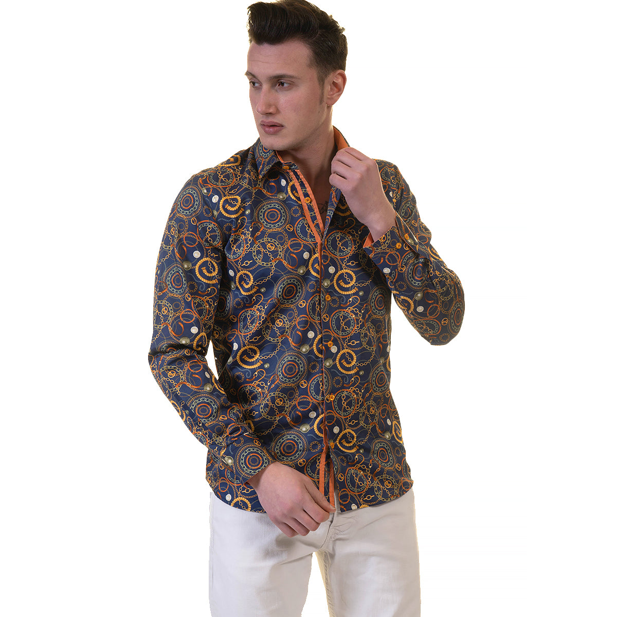 Blue with Orange Swirls Mens Slim Fit Designer Dress Shirt - tailored Cotton Shirts for Work and Casual Wear