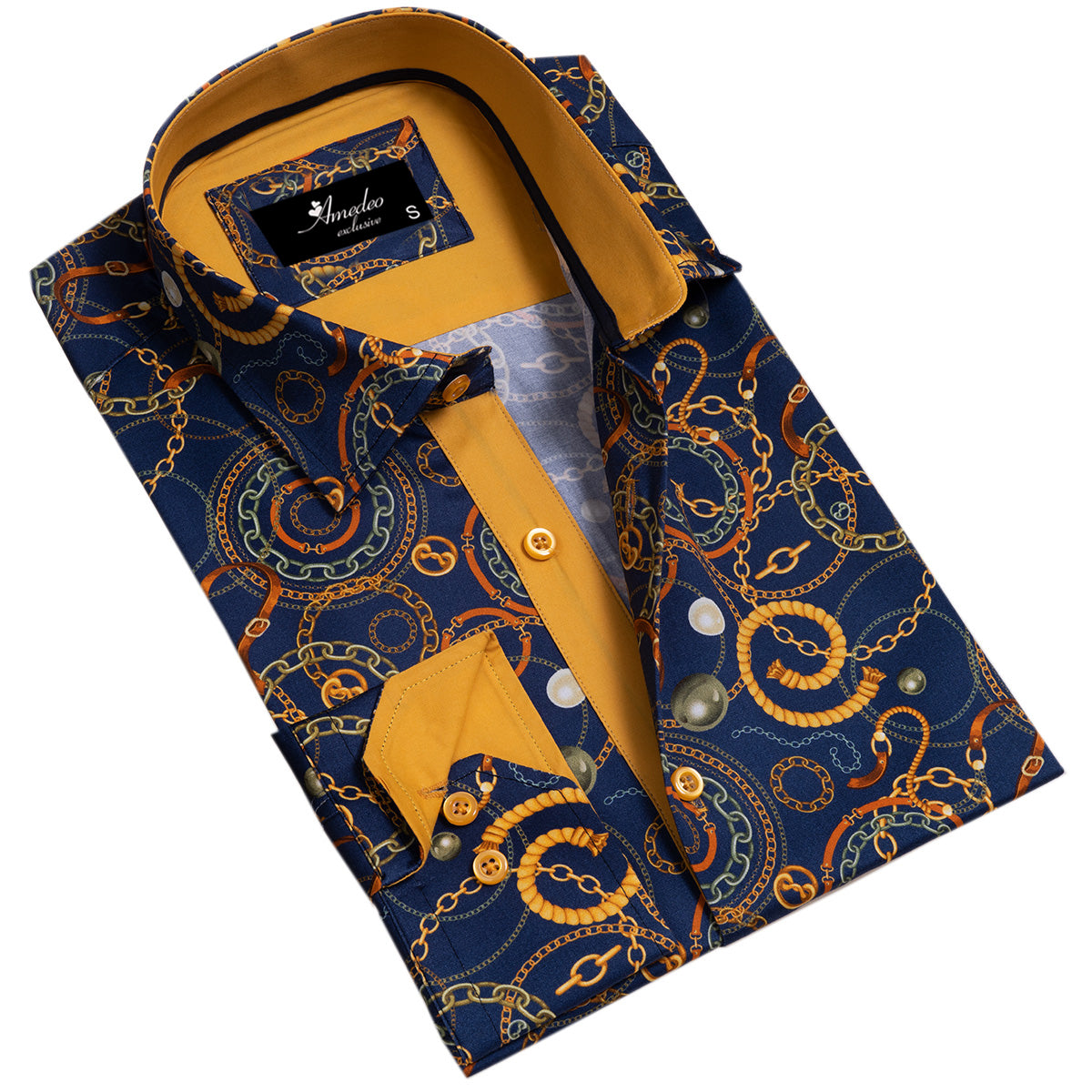 Blue with Orange Swirls Mens Slim Fit Designer Dress Shirt - tailored Cotton Shirts for Work and Casual Wear