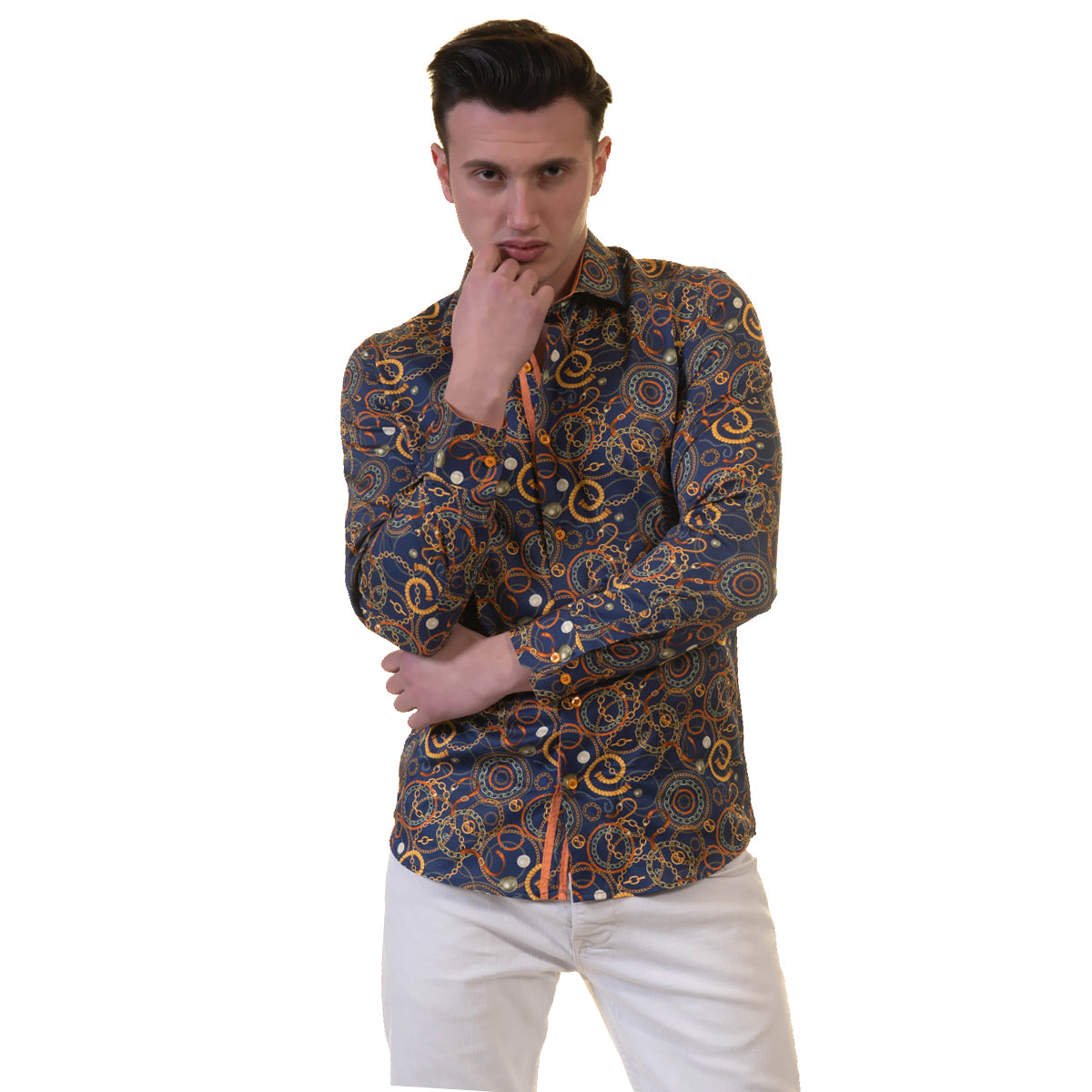 Blue with Orange Swirls Mens Slim Fit Designer Dress Shirt - tailored Cotton Shirts for Work and Casual Wear