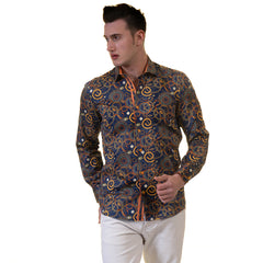 Blue with Orange Swirls Mens Slim Fit Designer Dress Shirt - tailored Cotton Shirts for Work and Casual Wear