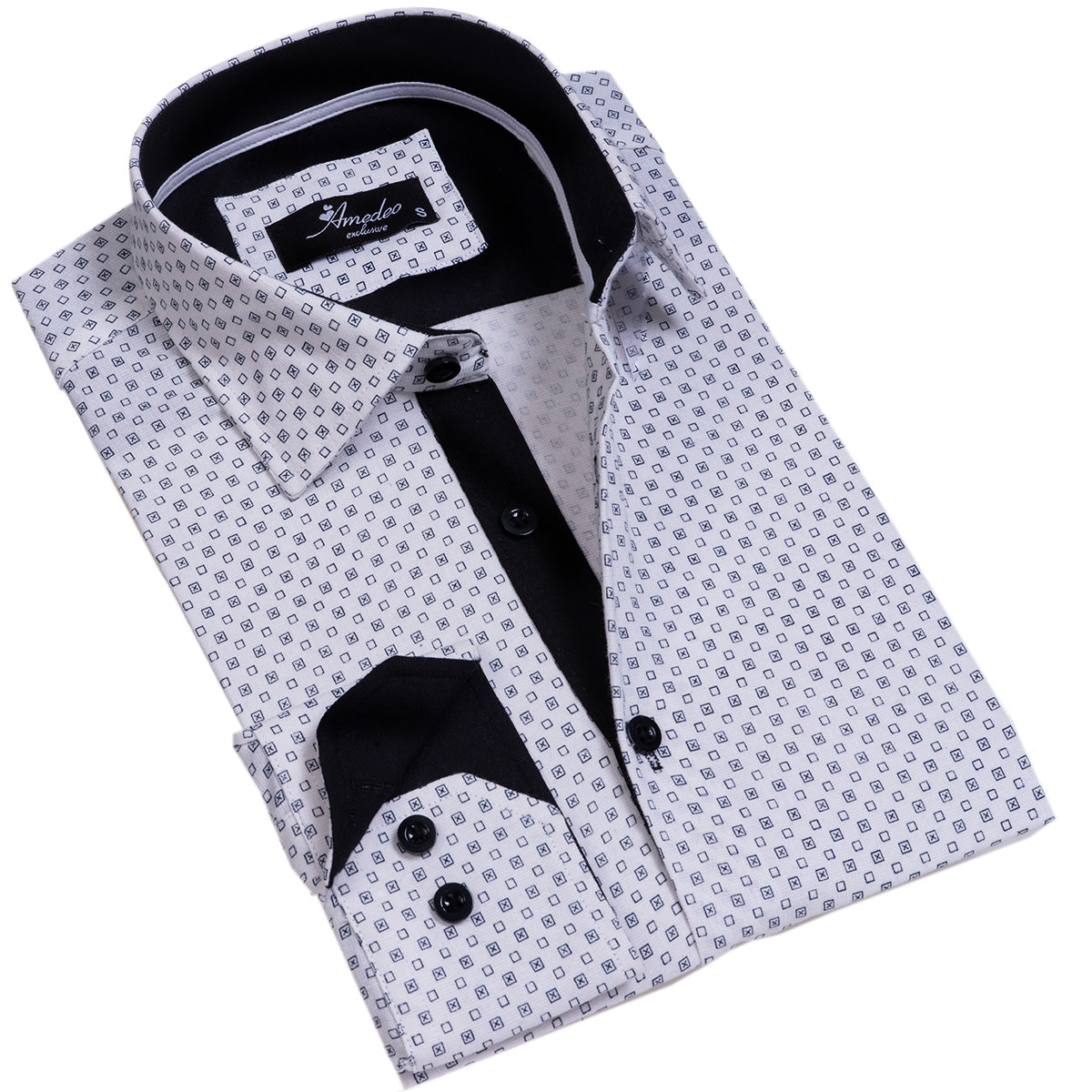 White with Black Dots Mens Slim Fit Designer Dress Shirt - Tailored Cotton Shirts For Work And Casual