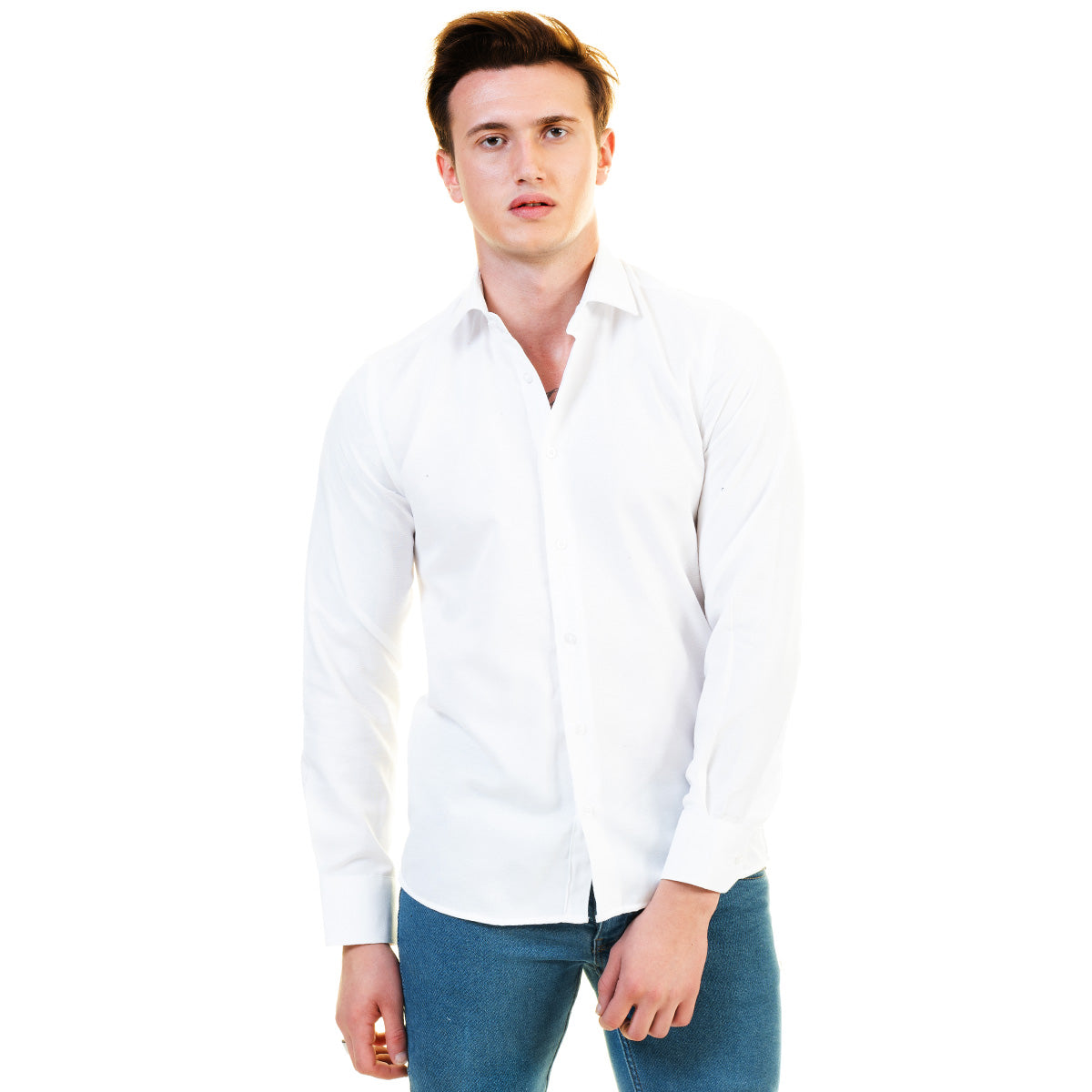 Solid White Mens Slim Fit Designer Dress Shirt - Tailored Cotton Shirts For Work And Casual