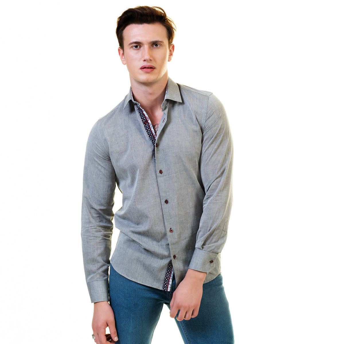 Pastel Grey Mens Slim Fit Designer Dress Shirt - Tailored Cotton Shirts For Work And Casual