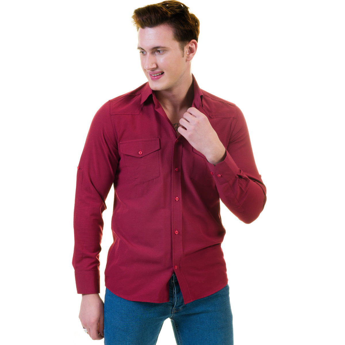 Dark Maroon Mens Slim Fit Designer Dress Shirt - tailored Cotton Shirts for Work and Casual Wear