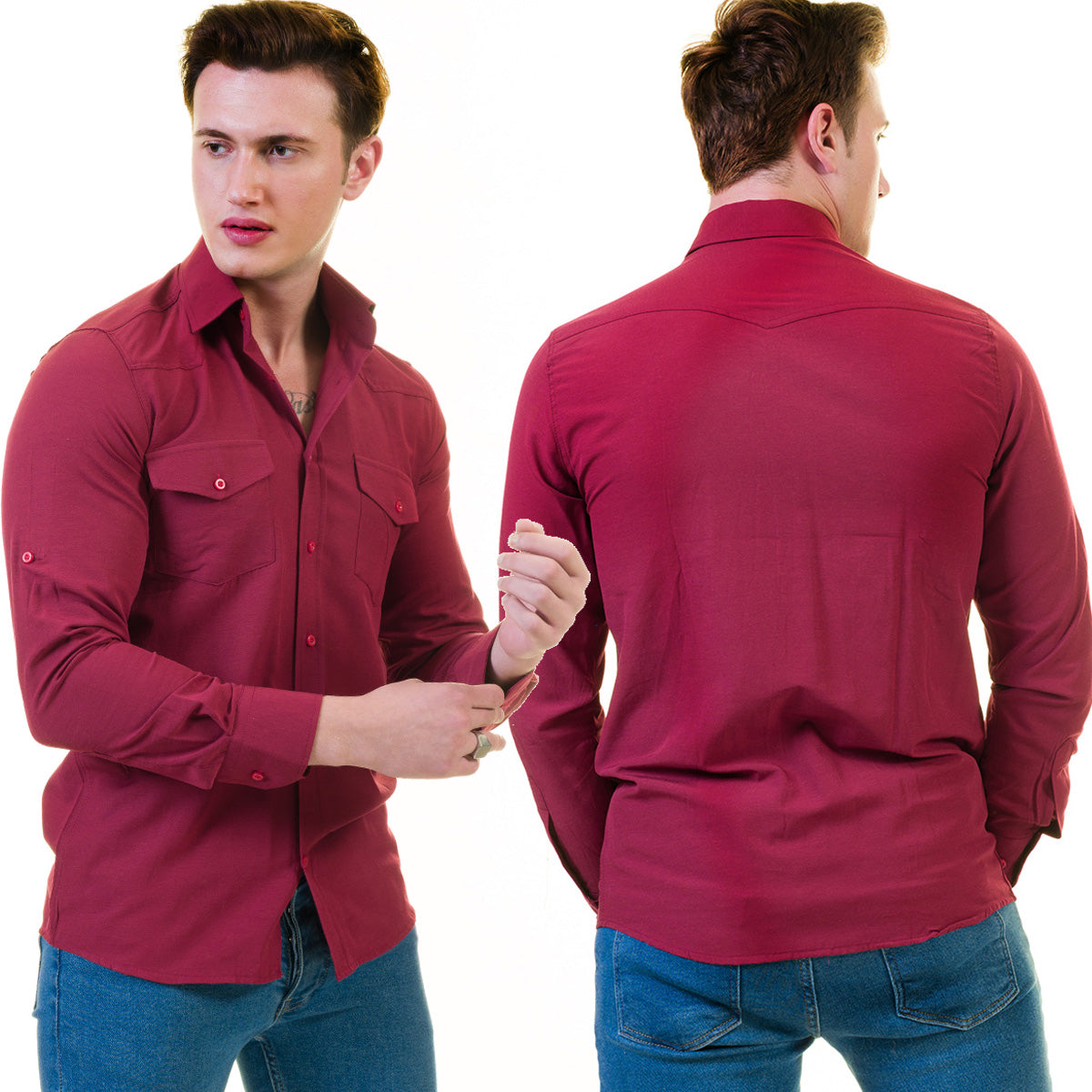 Dark Maroon Mens Slim Fit Designer Dress Shirt - tailored Cotton Shirts for Work and Casual Wear