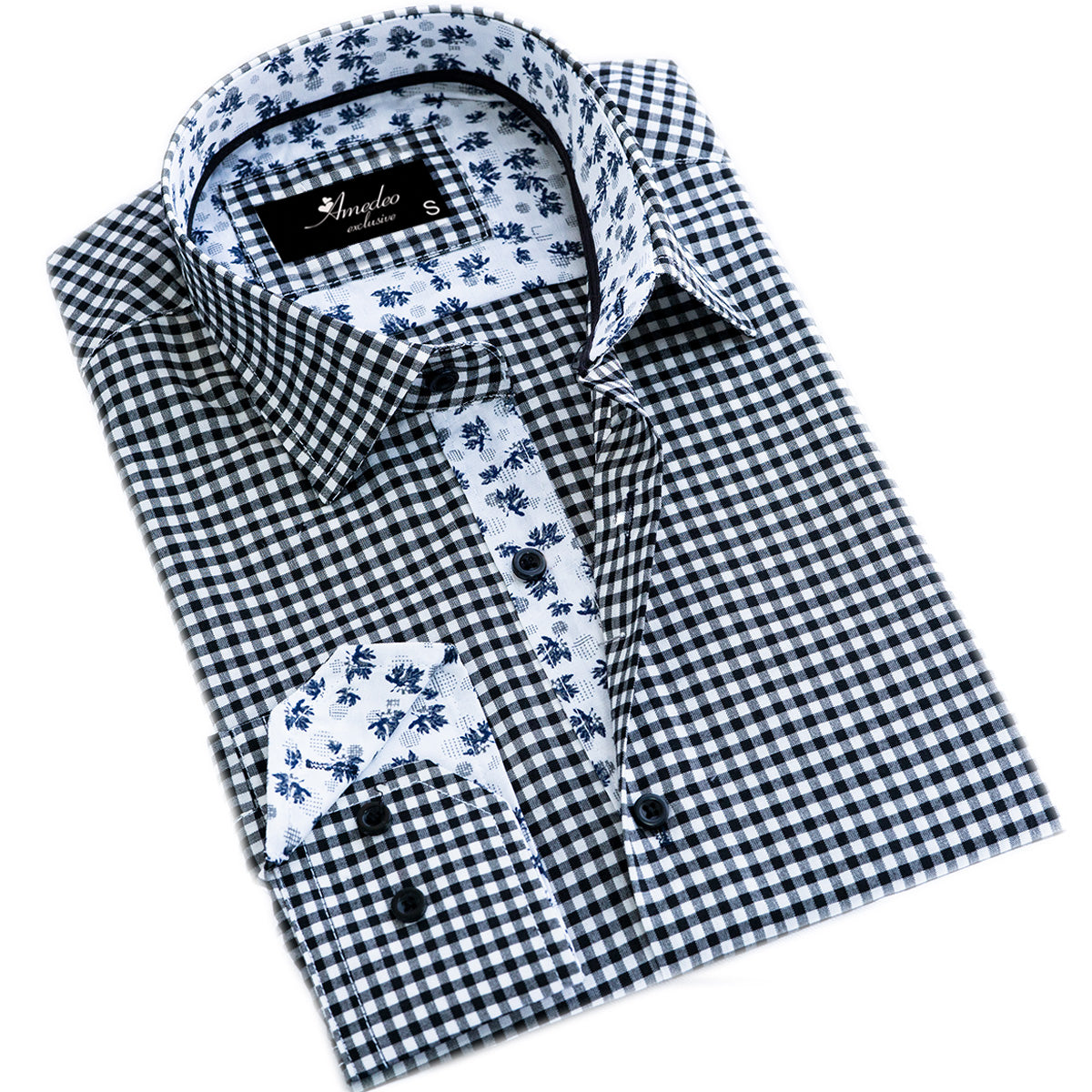 Black White Checkered with Light Blue Floral Mens Slim Fit Designer French Cuff Shirt - tailored Cotton Shirts for Work and Casual Wear