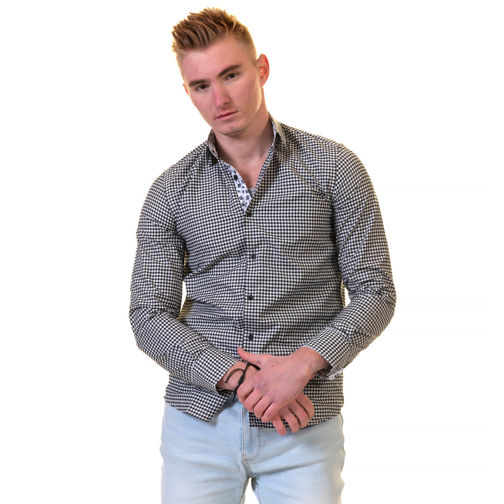 Black White Checkered with Light Blue Floral Mens Slim Fit Designer French Cuff Shirt - tailored Cotton Shirts for Work and Casual Wear