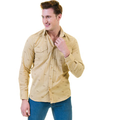 Solid Tan Safari Mens Slim Fit Designer Dress Shirt - tailored Cotton Shirts for Work and Casual Wear
