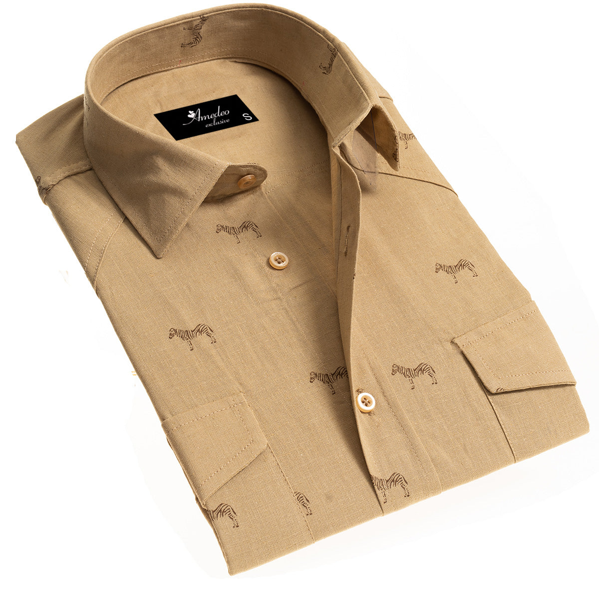 Solid Tan Safari Mens Slim Fit Designer Dress Shirt - tailored Cotton Shirts for Work and Casual Wear