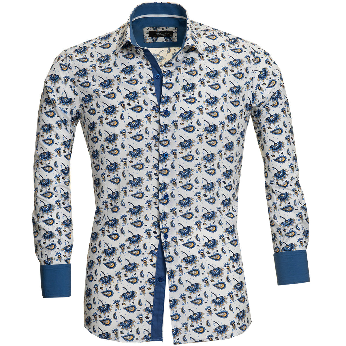 Blue Paisley Mens Slim Fit Designer Dress Shirt - Tailored Cotton Shirts For Work And Casual